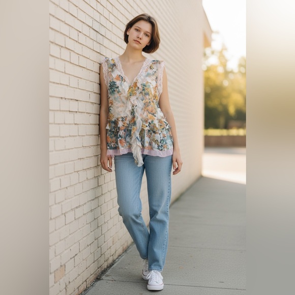 Anthropologie ladies cream & teal Bohemian spring ruffle blouse NWT (Size XL) - Picture 11 of 11